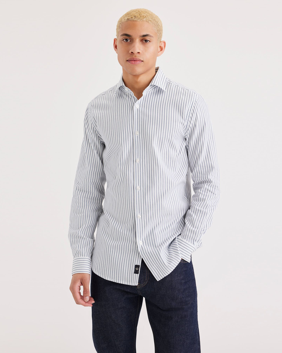 Front view of model wearing Placid Blue Men's Slim Fit Crafted Shirt.