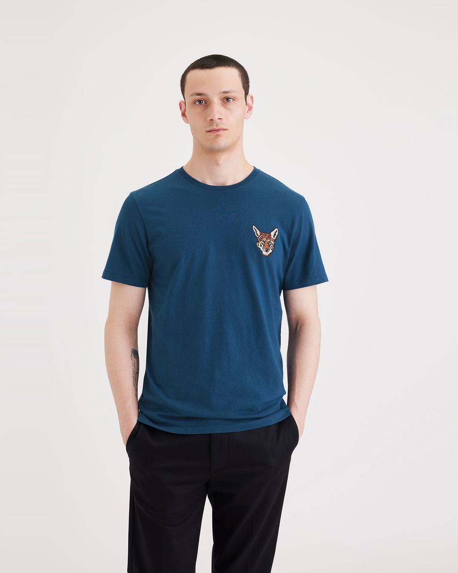 Front view of model wearing Poseidon Men's Slim Fit Logo Tee.