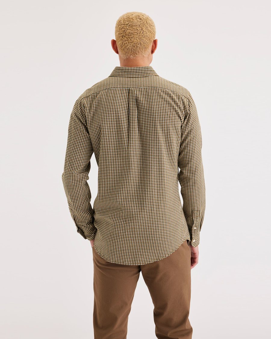 Back view of model wearing Quest Bronze Brown Men's Slim Fit Icon Button Up Shirt.