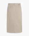 View of model wearing Sahara Khaki Chino Skirt.