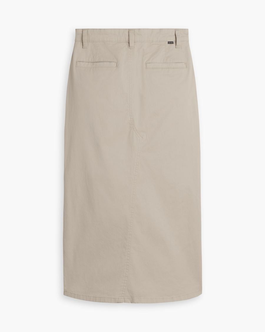 View of model wearing Sahara Khaki Chino Skirt.