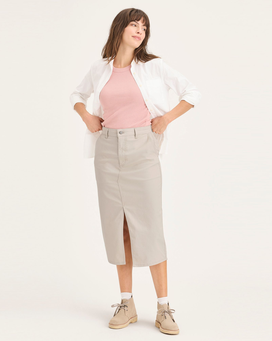Front view of model wearing Sahara Khaki Chino Skirt.