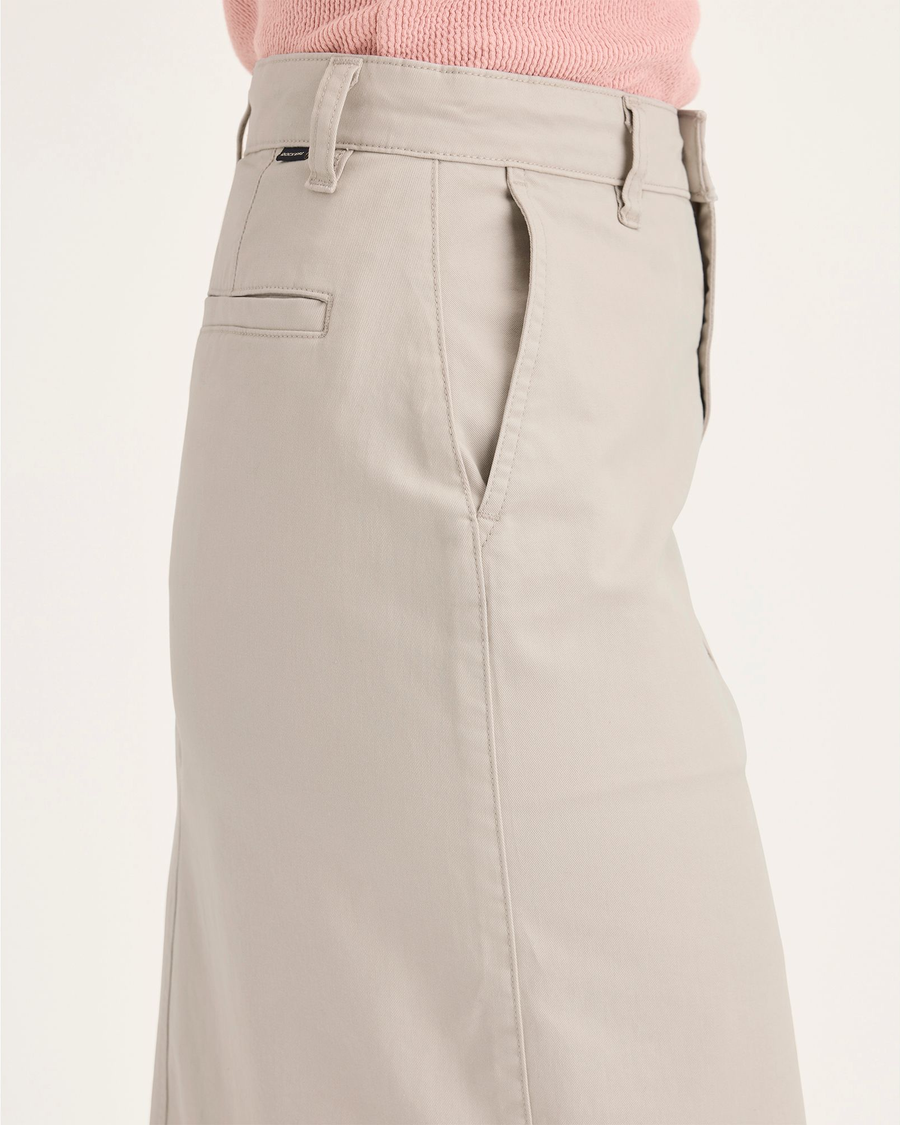Side view of model wearing Sahara Khaki Chino Skirt.