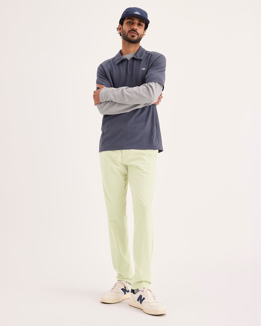 View of model wearing Sahara Khaki Go Activeflex Chino, Skinny Fit.