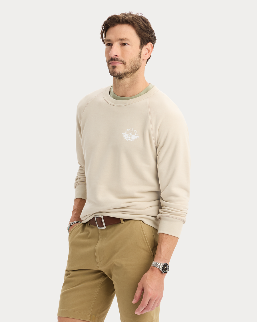 View of model wearing Sahara Khaki Icon Crewneck Sweatshirt, Regular Fit.