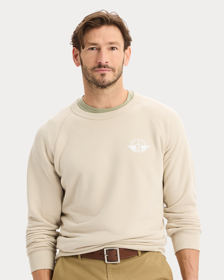 View of model wearing Sahara Khaki Icon Crewneck Sweatshirt, Regular Fit.