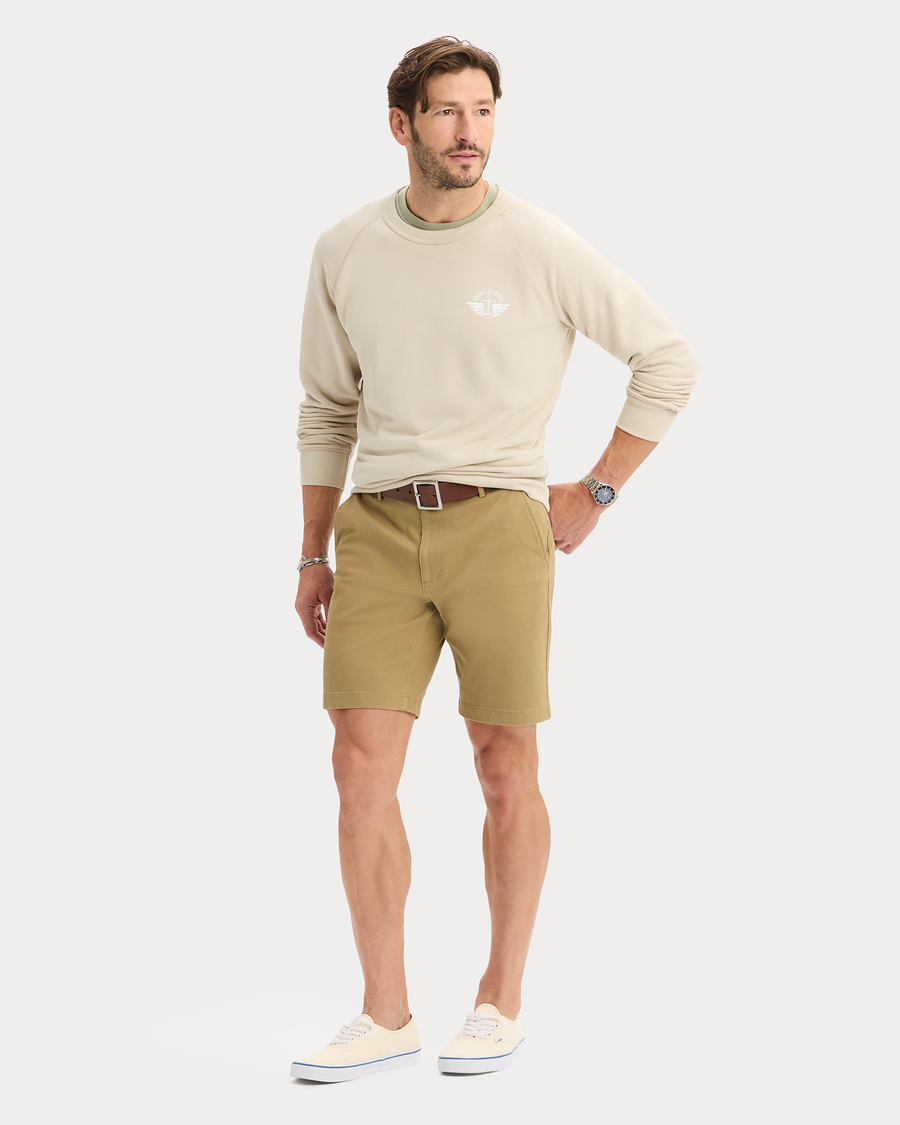 View of model wearing Sahara Khaki Icon Crewneck Sweatshirt, Regular Fit.