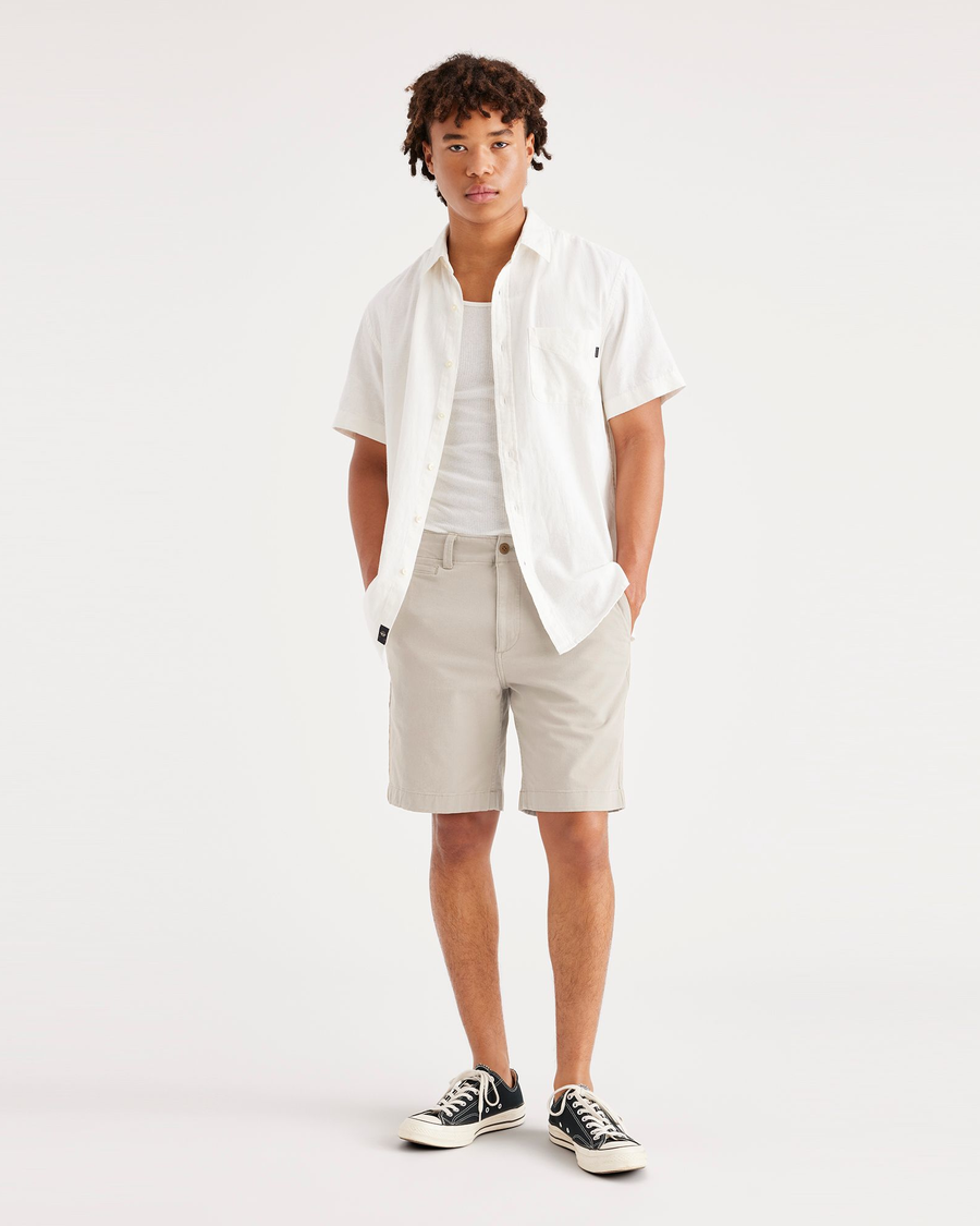 Front view of model wearing Sahara Khaki Men's Straight Fit California Shorts.