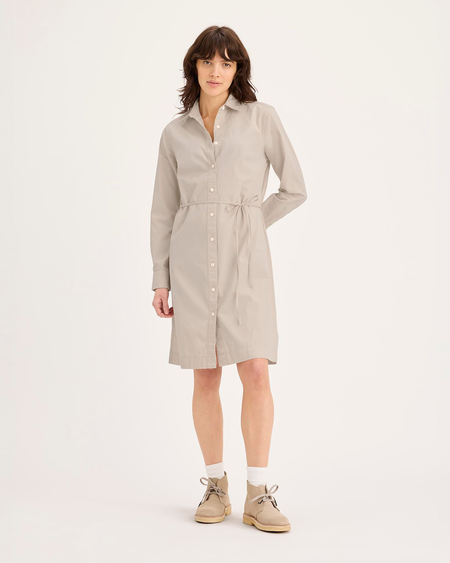 Front view of model wearing Sahara Khaki Midi Shirt Dress, Regular Fit.