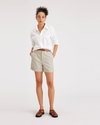 Front view of model wearing Sahara Khaki Women's Original Chino Shorts.