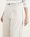 View of model wearing Sahara Khaki Women's Straight Fit Original Pleated High Wide Khaki Pants.