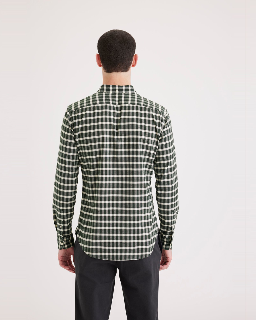 Back view of model wearing Savier Deep Forest Men's Slim Fit 2 Button Collar Shirt.