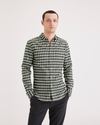 Front view of model wearing Savier Deep Forest Men's Slim Fit 2 Button Collar Shirt.