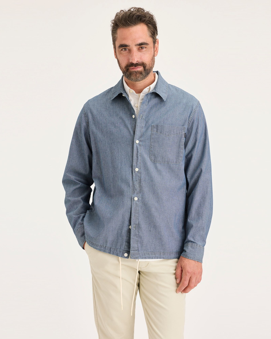 Front view of model wearing Seaview Men's Relaxed Fit Coaches Shirt Jacket.