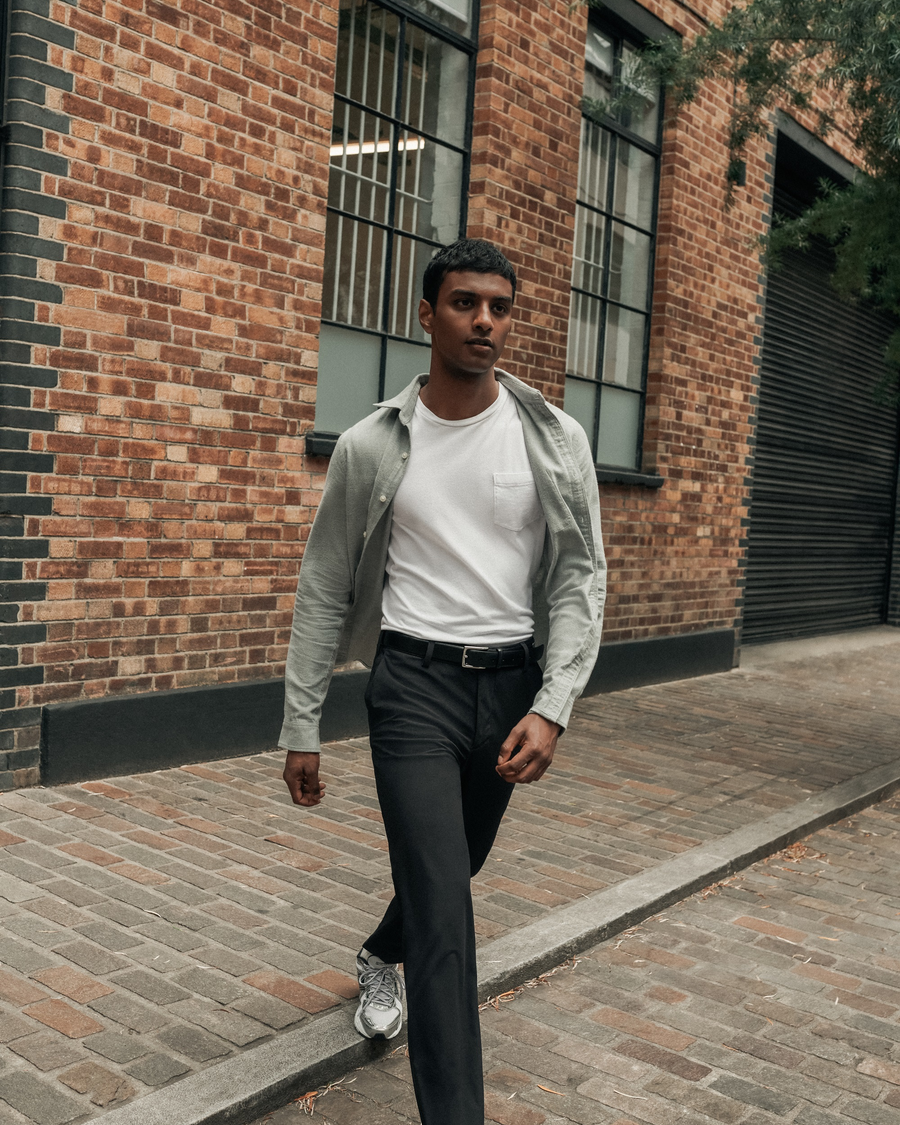 View of model wearing Sharkskin Go Chino, Slim Tapered Fit with Airweave.