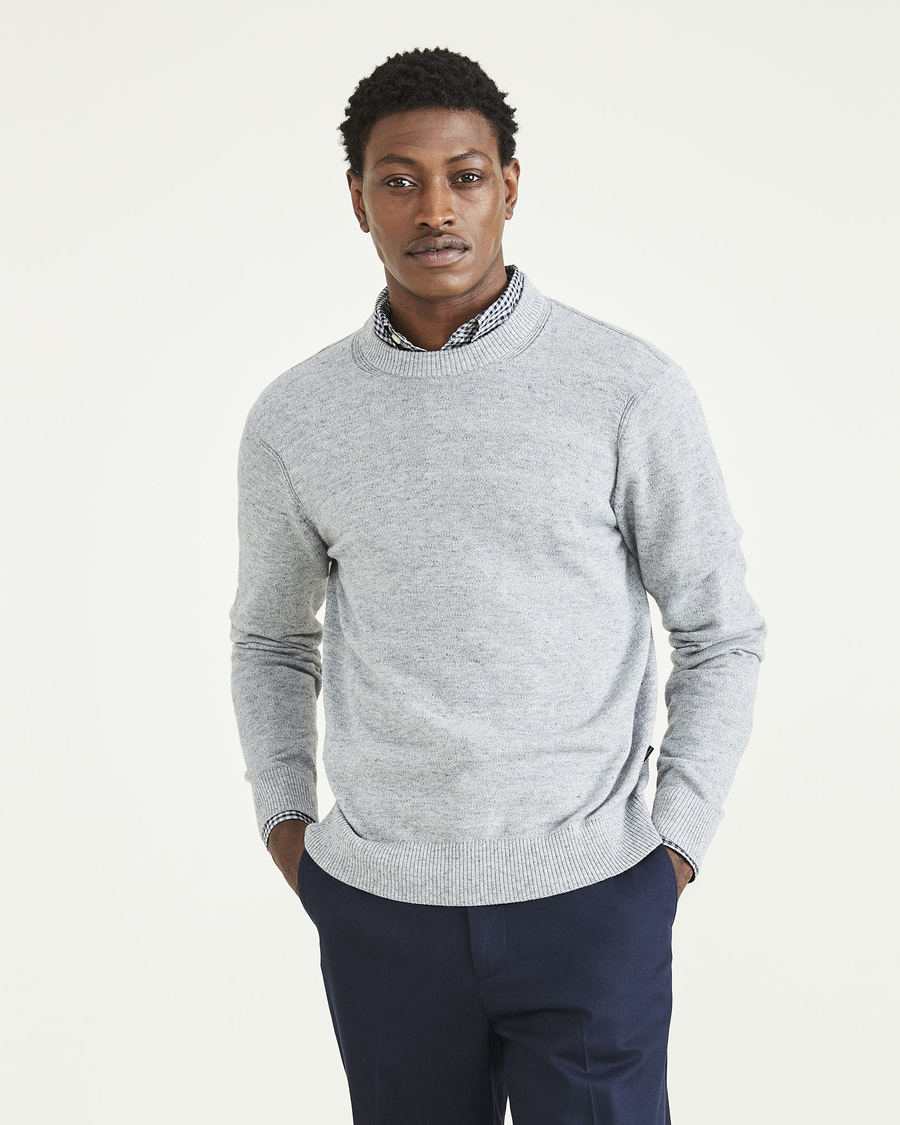 Front view of model wearing Smokestack Heather Men's Regular Fit Crewneck Sweater.