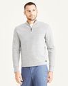 Front view of model wearing Smokestack Heather Men's Regular Fit Quarter Zip Sweater.