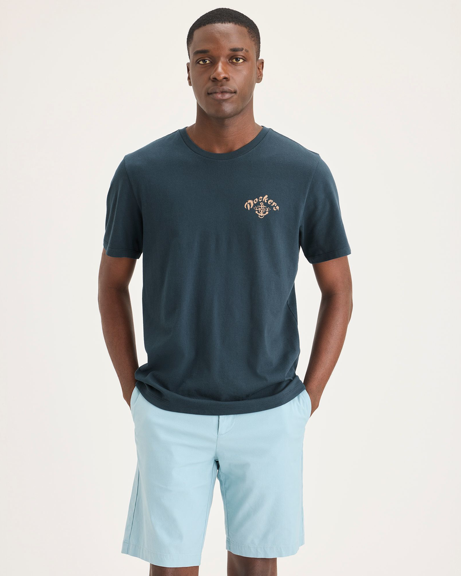 Front view of model wearing Stratified Sea Men's Slim Fit Logo Tee.