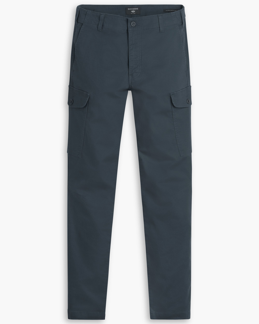 View of model wearing Stratified Sea Men's Slim Tapered Fit Cargo Pants.