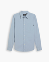 View of model wearing Subdued Blue Ultimate Shirt, Slim Fit.
