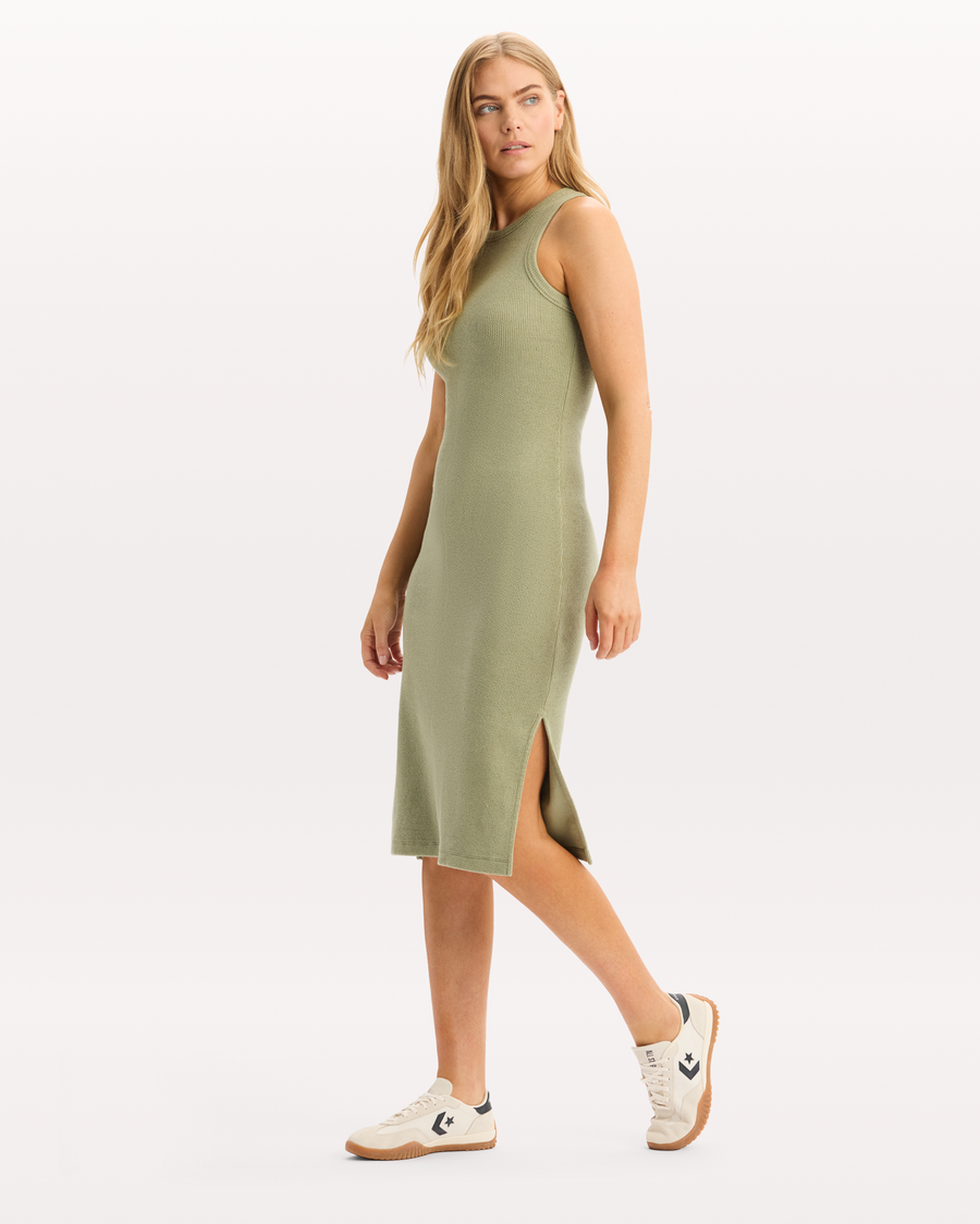 View of model wearing Tea Tank Dress with Loft Knit, Slim Fit.