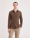 Front view of model wearing Thermax Caramel Café Men's Slim Fit Icon Button Up Shirt.