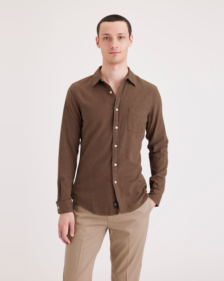 Front view of model wearing Thermax Caramel Café Men's Slim Fit Icon Button Up Shirt.