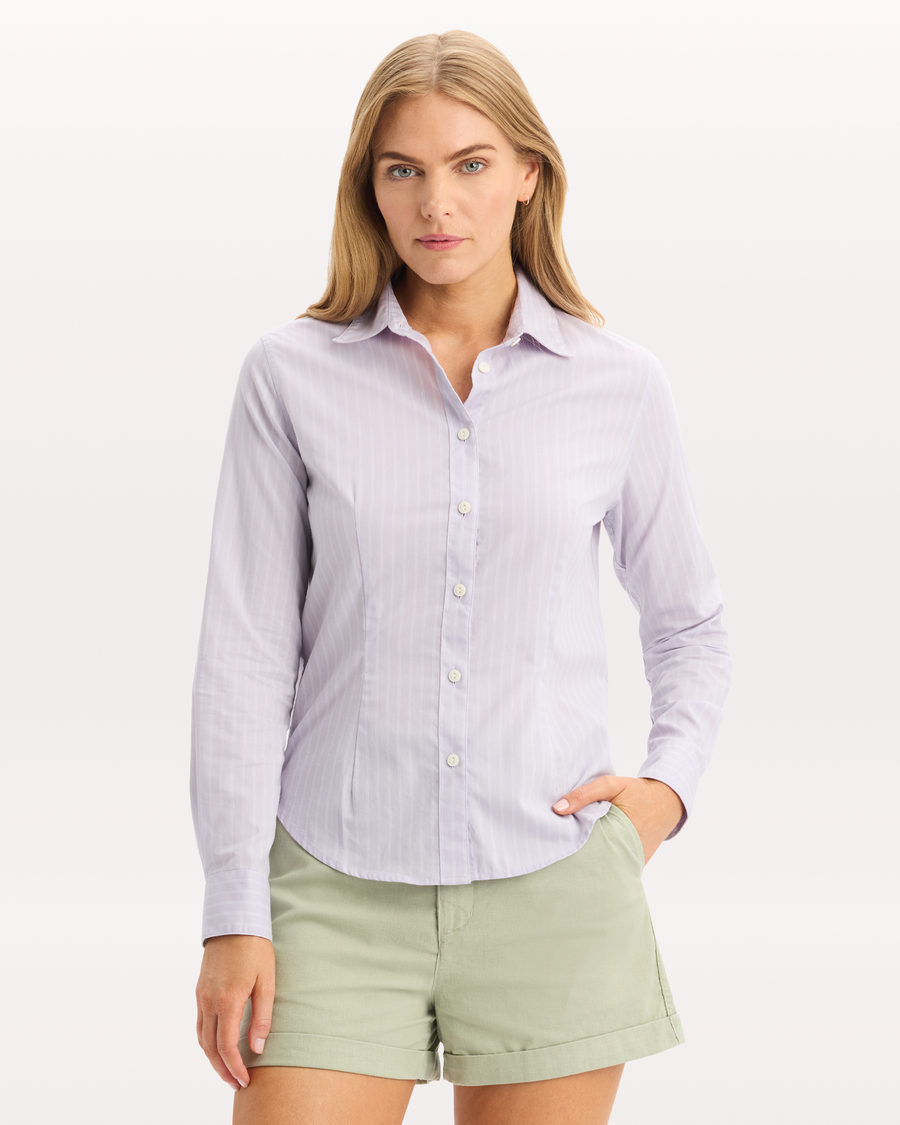 View of model wearing Thistle Stripe Signature Shirt with Stain Defender®, Slim Fit.