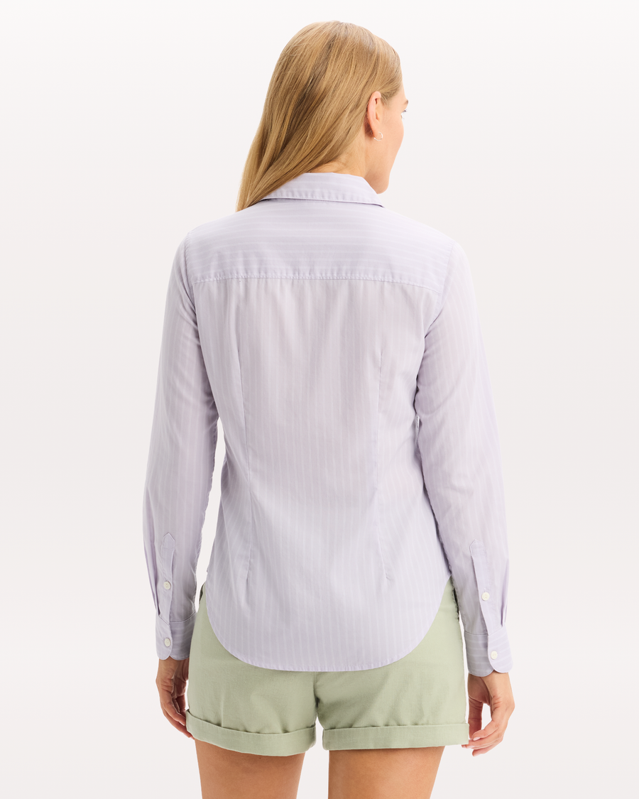 View of model wearing Thistle Stripe Signature Shirt with Stain Defender®, Slim Fit.