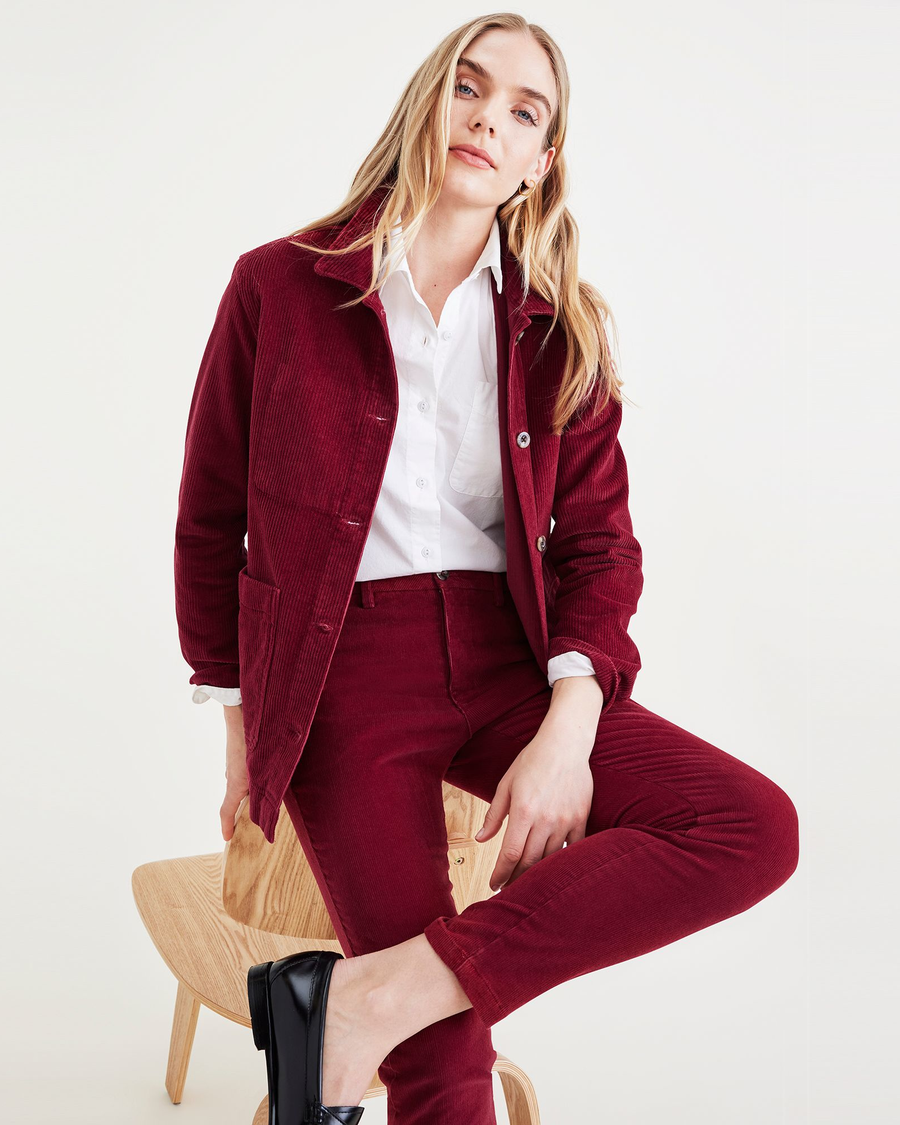 View of model wearing Tibetan Red Women's Regular Fit Chore Jacket.