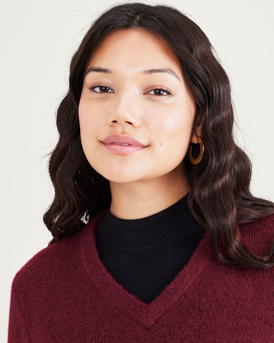 View of model wearing Tibetan Red Women's Regular Fit V-Neck Sweater.