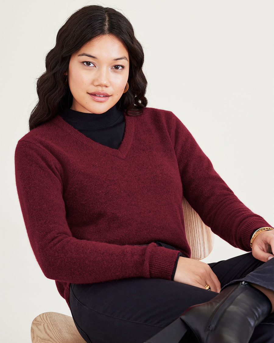 View of model wearing Tibetan Red Women's Regular Fit V-Neck Sweater.