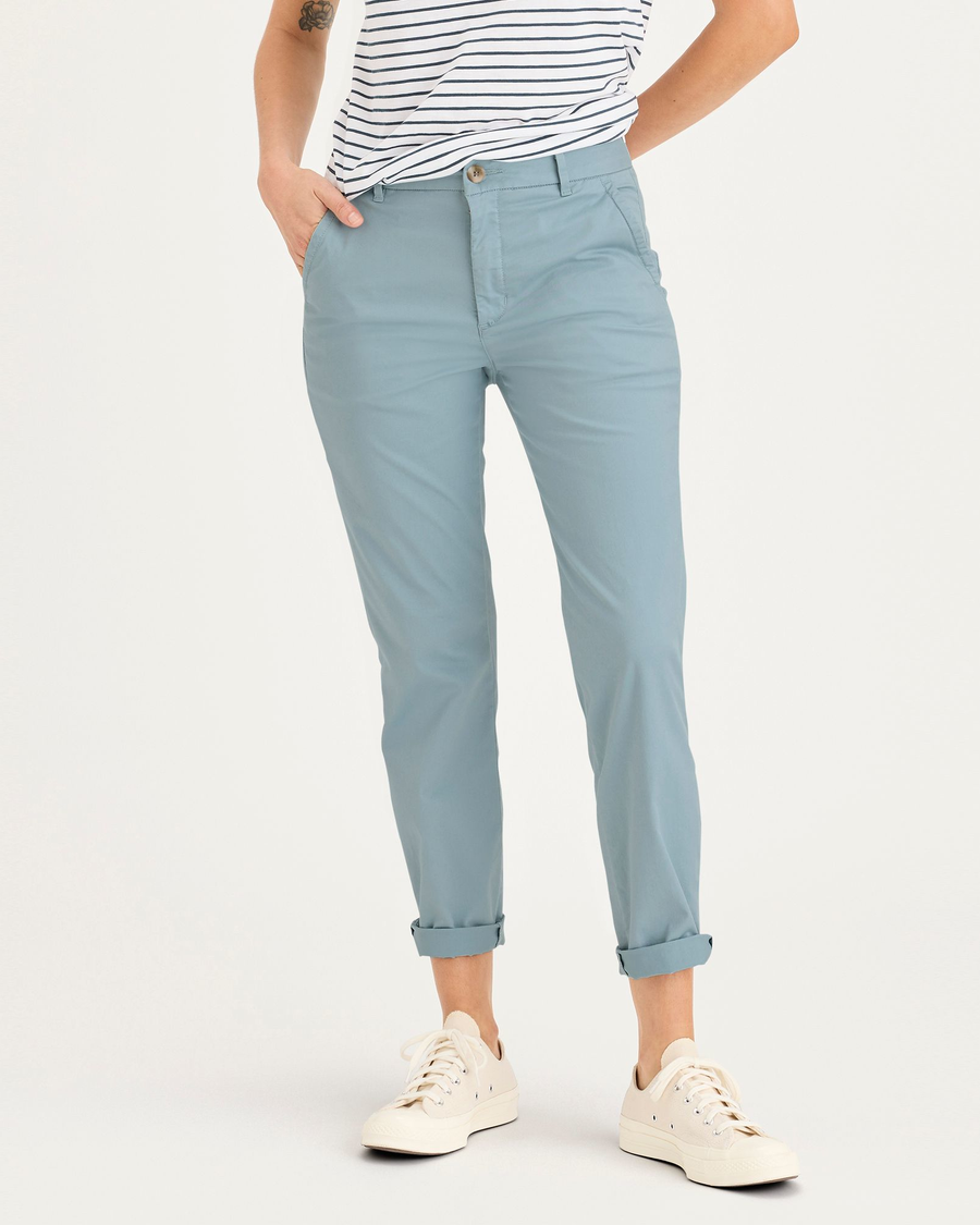 Front view of model wearing Tourmaline Women's Slim Fit Weekend Chino Pants.