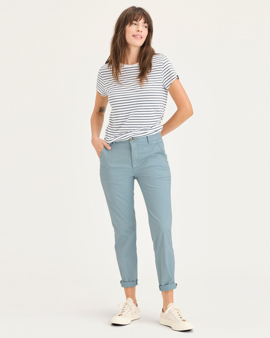 Front view of model wearing Tourmaline Women's Slim Fit Weekend Chino Pants.