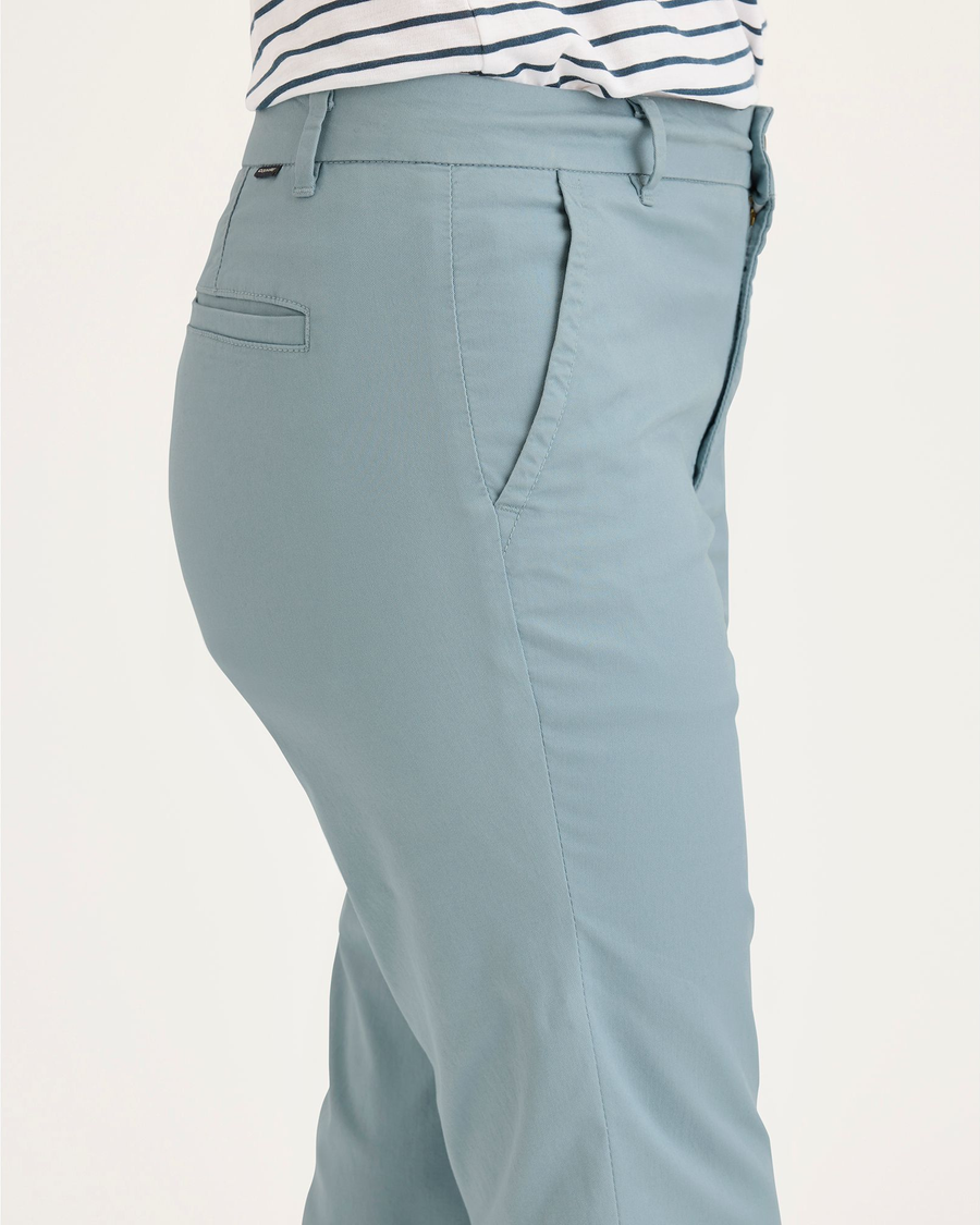 Side view of model wearing Tourmaline Women's Slim Fit Weekend Chino Pants.