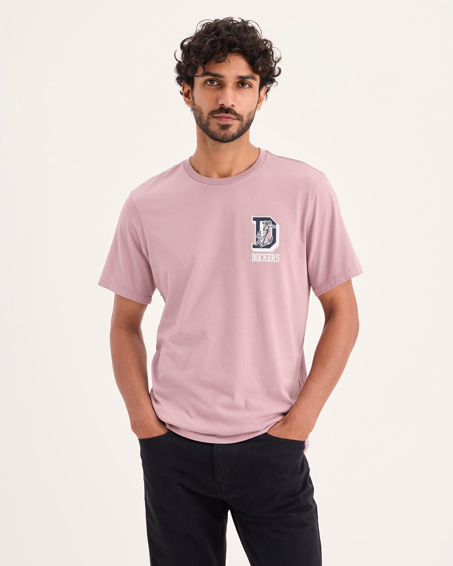 Front view of model wearing Varsity Emblem Graphic Tee, Slim Fit.