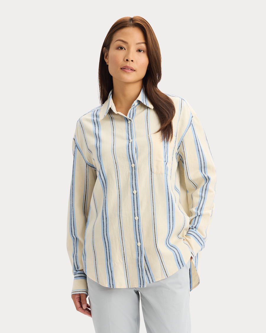 View of model wearing Vista Blue Relaxed Shirt.