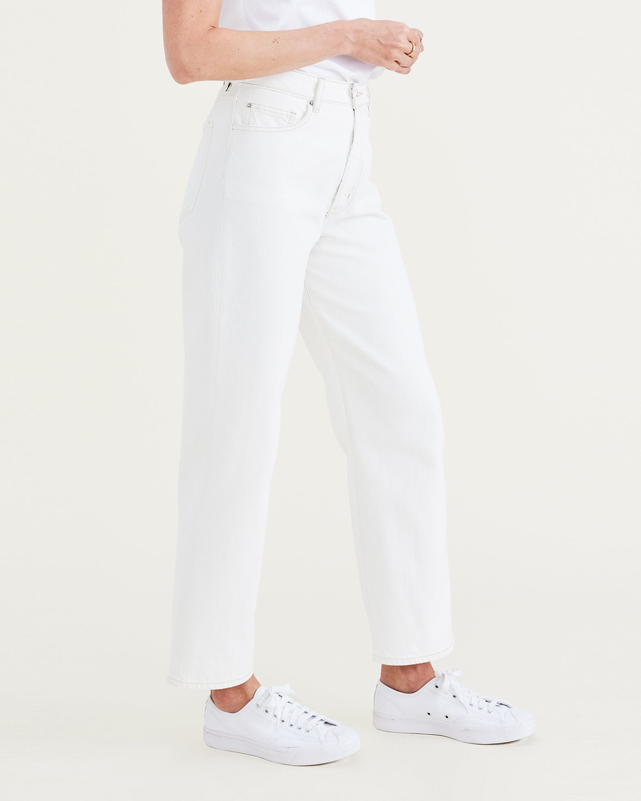 Side view of model wearing White Garment Dye Women's Straight Fit High Jean Cut Pants.