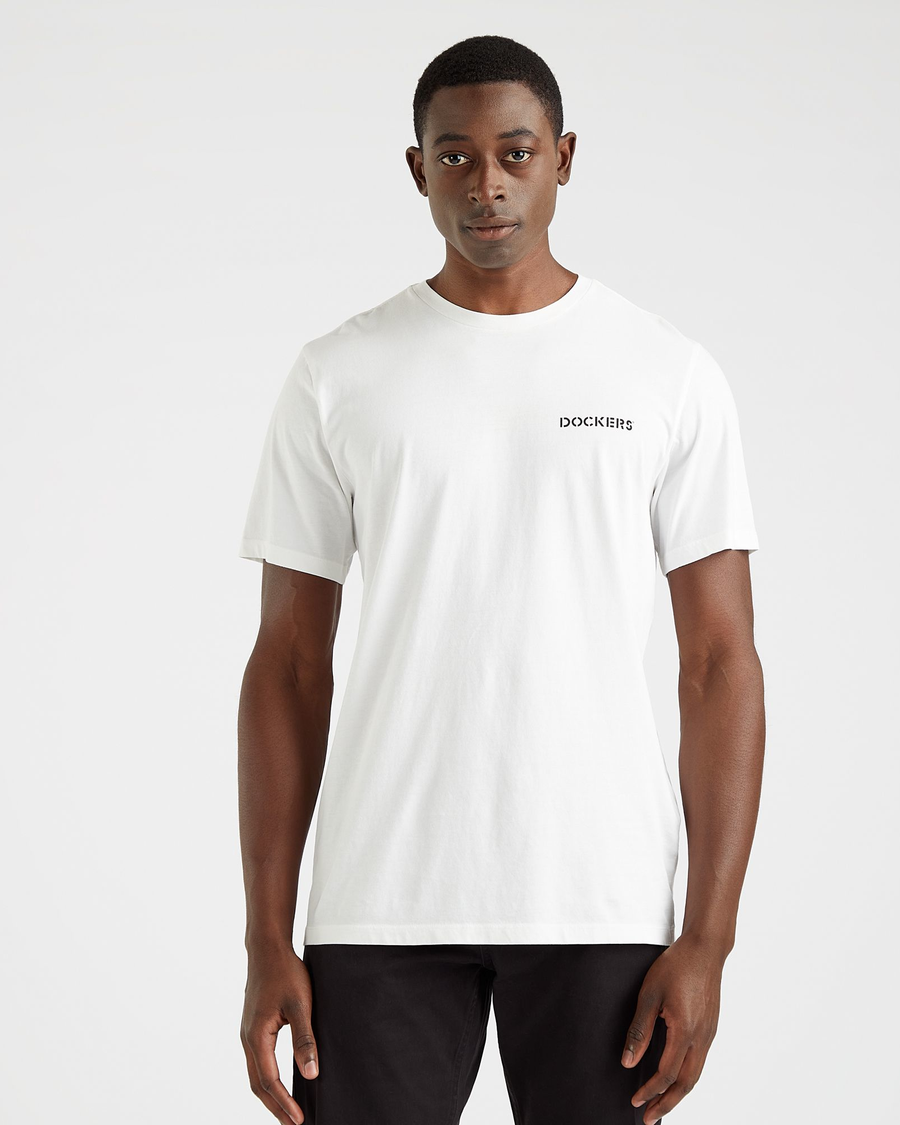 Front view of model wearing White Men's Slim Fit Logo Tee.