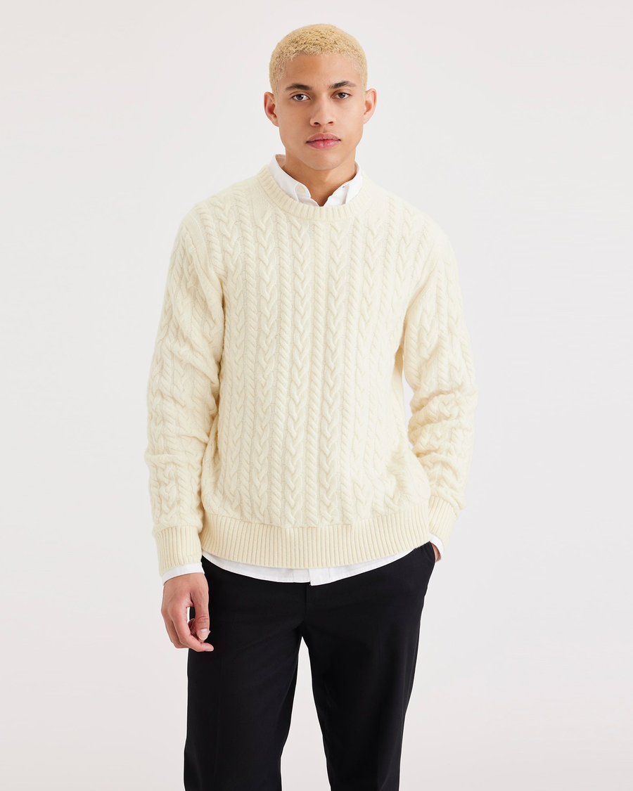 Front view of model wearing Winter White Men's Regular Fit Crafted Crewneck Sweater.