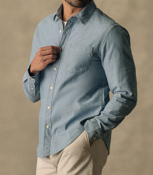 Dockers® men’s shirt close-up showing button, collar, and fabric detail for polished casual wear.